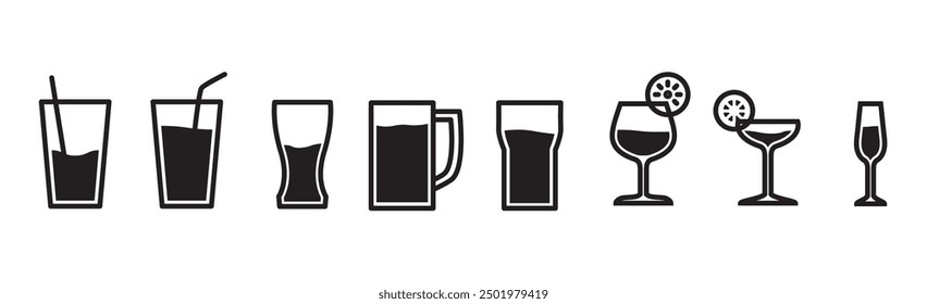 Collection of icons of glasses for various drinks in flat form. Several glass icons and decorations for glasses of beer, wine, alcohol, martini, champagne, Vector illustration isolated on tranparent.