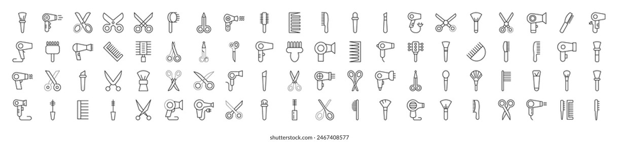 Collection of Icons of Hairbrush, Hairdryer, Cosmetic Brush, Scissors. Suitable for books, stores, shops. Editable stroke in minimalistic outline style. Symbol for design 