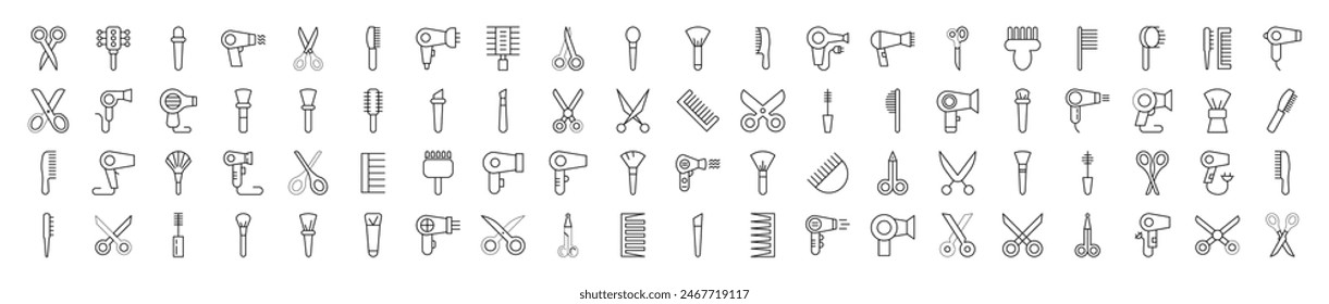 Collection of Icons of Hairbrush, Hairdryer, Cosmetic Brush, Scissors for Shops and Stores. Suitable for books, stores, shops. Editable stroke in minimalistic outline style. Symbol for design 