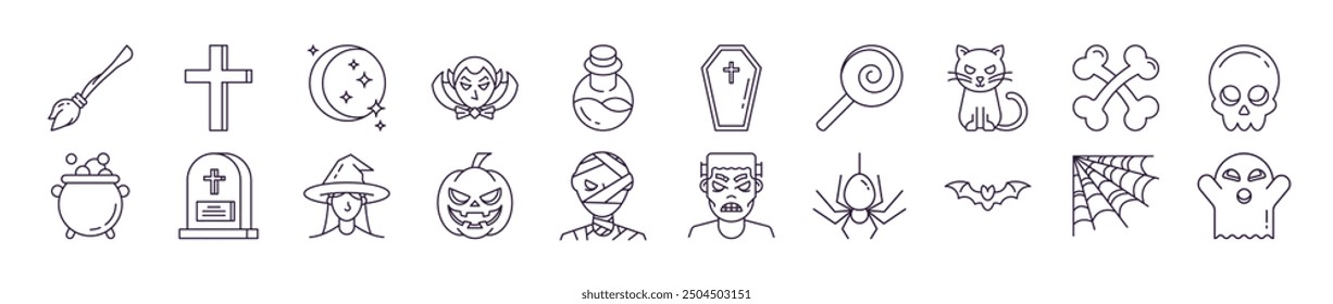 Collection of icons of Halloween for Advertisement. Suitable for books, stores, shops. Editable stroke in minimalistic outline style. Symbol for design