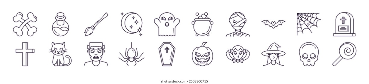 Collection of Icons of Halloween. Suitable for books, stores, shops. Editable stroke in minimalistic outline style. Symbol for design