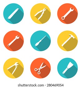 Collection icons  hand tool. Set tools  pliers, hammer, screwdriver, spanner, trowel, wrench, cutter, scissor, pincers, screw driver, knife, nipper. Vector illustration