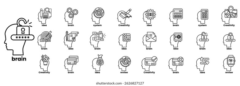 A collection of icons with the head of a person in the middle in line drawing style