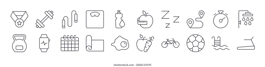 Collection of Icons Healthy Lifestyle, Fitness, Wellness Drawn with Thin Line for apps, web sites, banners, infographics and other types of design