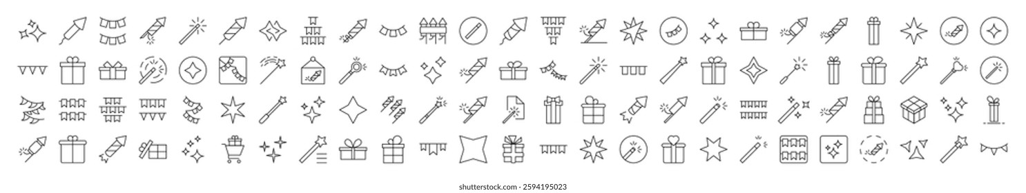 Collection of Icons of Holidays, Garlands, Magic Wand, Firework Drawn with Thin Line for apps, web sites, banners, infographics and other types of design