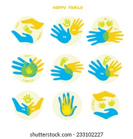 Collection of icons with human hands. Vector set with signs of love and care in family.