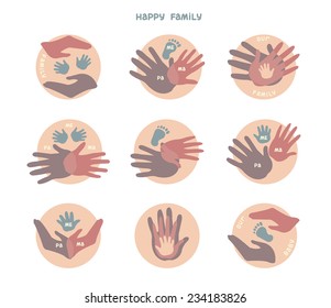 Collection of icons with human hands. Vector set with signs of love and care in family.