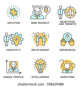 The collection icons human personality psychology. Mental abilities, behavior. Vector illustration concept. The thin contour line. Flat design web graphics elements.