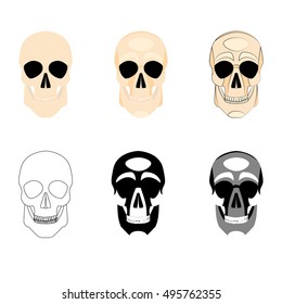 Collection icons human skulls logo in various styles, silhouette, line, color, simple, monochrome, medicine division at the bones isolated on a white background