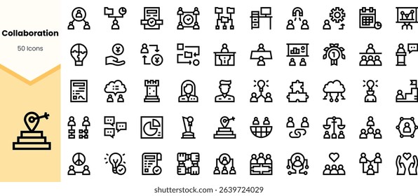 A collection of icons illustrating collaboration concepts, featuring diverse representations of teamwork, communication, and problem-solving in minimalist line art style.