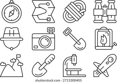 Colección de iconos que ilustran diferentes herramientas y actividades aisladas sobre fondo transparente