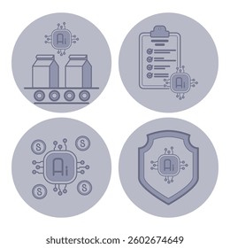 Collection of icons illustrating diverse applications of artificial intelligence, including milk cartons on conveyor, checklist, financial symbols, and security shield design