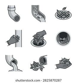 Collection of icons illustrating drainage system maintenance and cleaning processes including clogs and debris removal