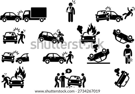 A collection of icons illustrating various types of road accidents and safety issues