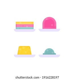 collection of icons and illustrations of jelly, or pudding. jelly in red, green, and yellow. strawberry, orange, and melon flavored jelly. flat style. food vector design