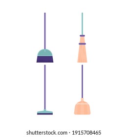 a collection of icons or illustrations of the kinds or types of brooms. broom sticks, palm brooms, coconut husk brooms. cleaning tool. flat style. vector design element