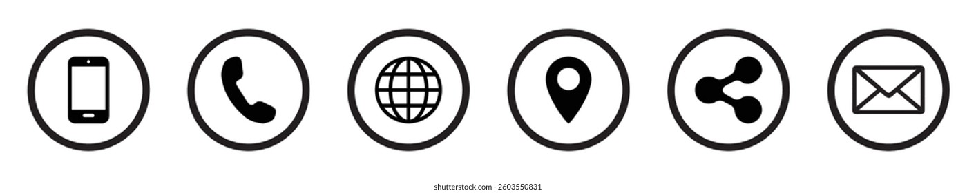 collection of icons includes Phone, Call, Location, Share Button, Map, and Gmail icons, ideal for digital applications, websites, and user interfaces.