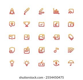 A Collection Of Icons Including A Book, Shield, Dollar Sign, Music Note, And Rocket. Gradient