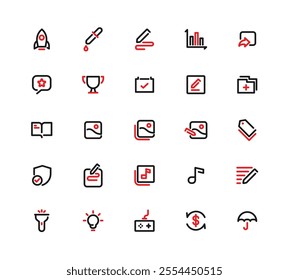 A Collection Of Icons Including A Book, Shield, Dollar Sign, Music Note, And Rocket. Dual Tone
