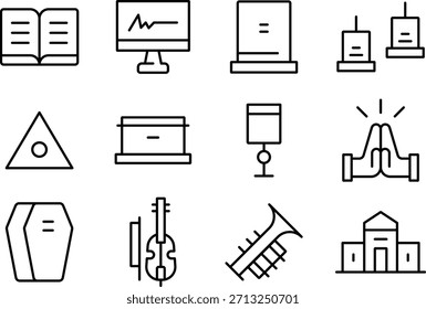 Colección de iconos que incluyen libros, computadoras e instrumentos musicales aislados sobre fondo transparente