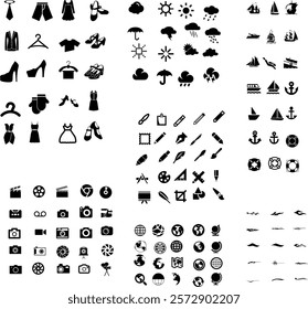A collection of icons including a camera, a dress, a boat, and a tie. The icons are all black and white