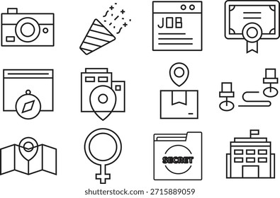 Colección de los iconos incluyendo el mapa de búsqueda de trabajo del helado de la cámara y los documentos secretos aislados en fondo transparente