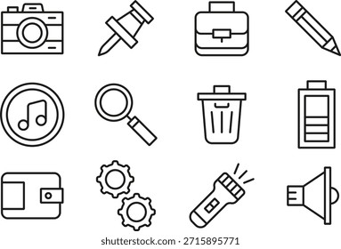 Colección de íconos que incluyen cuchillo de cámara, maletín, lápiz, nota musical, lupa, bote de basura, billetera, engranajes, linterna y altavoz aislados sobre fondo transparente