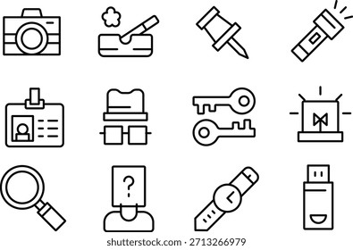 Colección de iconos que incluyen la tarjeta de identificación de la linterna de las tijeras de la pluma de la cámara y más aislados en fondo transparente