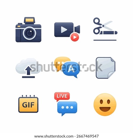 A collection of icons including a camera, video recorder, and speech bubbles.