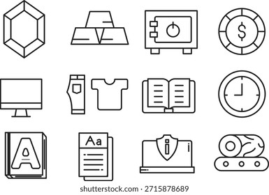 Colección de iconos que incluyen un libro de computadora y dinero aislado en un fondo transparente