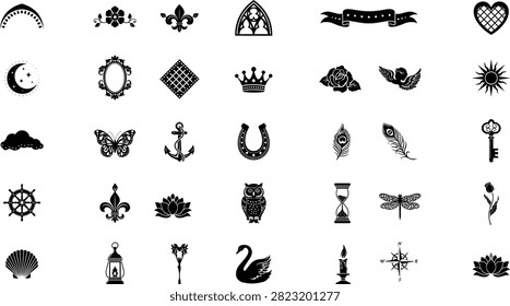 Collection of icons including crescent moon celestial elements crown heart anchor butterfly owl hourglass candle swan and nautical symbols