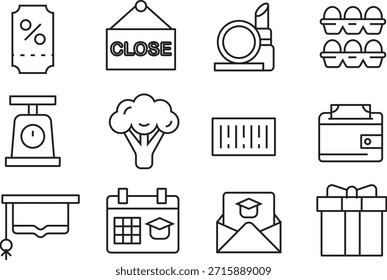 Colección de iconos que incluyen una escala de brócoli y un casquillo de graduación aislado en un fondo transparente