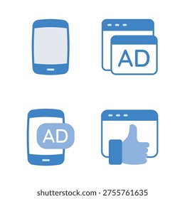 Collection of icons including smartphone, AD, browser, and thumbs up for branding.