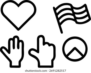Una colección de íconos que incluye varios gestos con las manos, un corazón, una bandera y un círculo con un triángulo, que representan diferentes conceptos y símbolos.