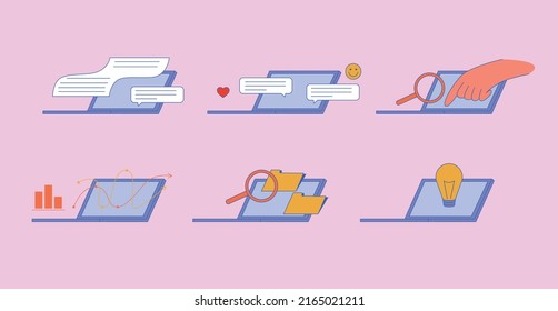 Collection of icons with a laptop. Icon of search, online chatting, statistical data, email newsletter and ideas.