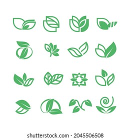 A collection of icons with leaves, an emblem of ecology, organic, natural products, a healthy lifestyle.