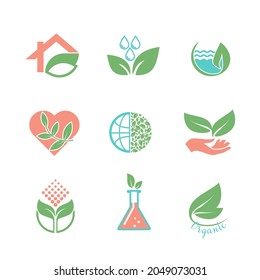 A collection of icons with leaves, an emblem of ecology, organic, natural products, a healthy lifestyle.