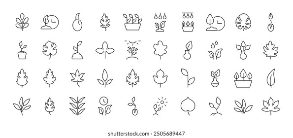 Collection of Icons of leaves, gardening, nature. Suitable for books, stores, shops. Editable stroke in minimalistic outline style. Symbol for design