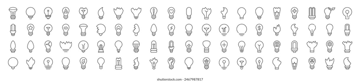 Collection of Icons of Lightbulbs for Shops and Stores. Suitable for books, stores, shops. Editable stroke in minimalistic outline style. Symbol for design 