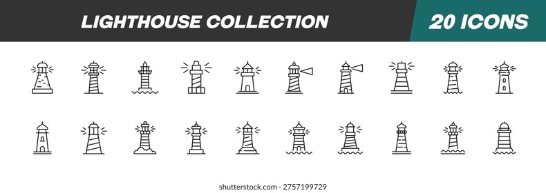 Collection of Icons of Lighthouse. Suitable for books, stores, shops. Editable stroke in minimalistic outline style. Symbol for design