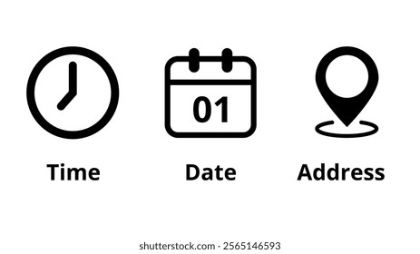 Collection of icons for location, date and time of event marking, day 01.