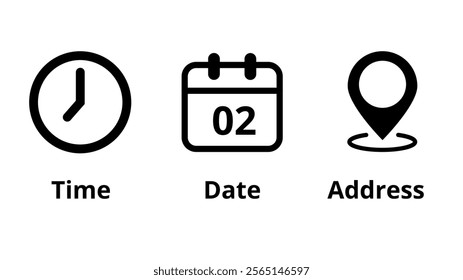 Collection of icons for location, date and time of event marking, day 02.