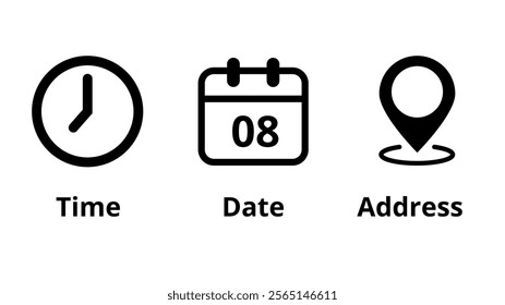 Collection of icons for location, date and time of event marking, day 08.