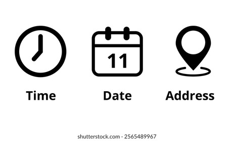 Collection of icons for location, date and time of event marking, day 11.