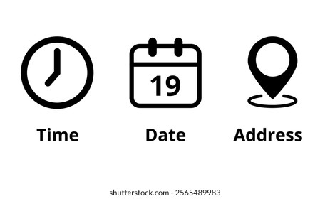 Collection of icons for location, date and time of event marking, day 19.