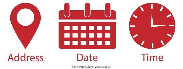 Collection of icons for location, date and time of event. Calendar, Location pin, Clock icons. Modern clean vector illustration.
