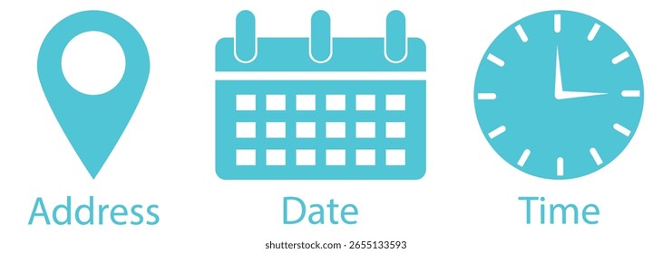 Coleção de ícones para localização, data e hora do evento. Calendário, pin de localização, ícones de relógio. Ilustração moderna do vetor limpo.