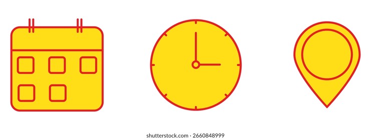 Colección de íconos para la ubicación, fecha y hora del evento. Calendario, pin de Locación, iconos de reloj. Moderna Ilustración vectorial limpia. EPS 10