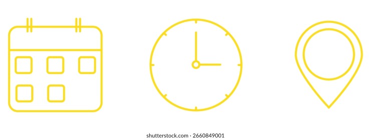 Colección de íconos para la ubicación, fecha y hora del evento. Calendario, pin de Locación, iconos de reloj. Moderna Ilustración vectorial limpia. EPS 10