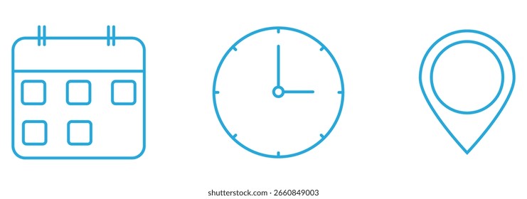 Colección de íconos para la ubicación, fecha y hora del evento. Calendario, pin de Locación, iconos de reloj. Moderna Ilustración vectorial limpia. EPS 10